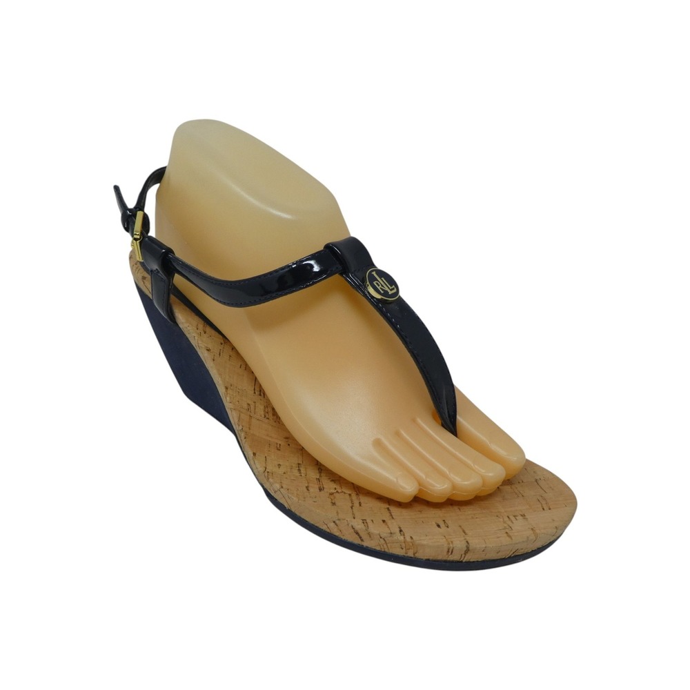 Lauren Ralph Lauren Reeta Wedge Sandals Women 10 Blue Cork T-Strap RLL Logo
